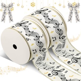 2 Roll 20 Yard Christmas Wired Ribbon Wide Musical Notes Christmas Themed Ribbon Wired Polyester Music Ribbon for Holiday Melody Tree Wrapping Crafts Wedding Decorations, 2.5 Inch x 10 Yard