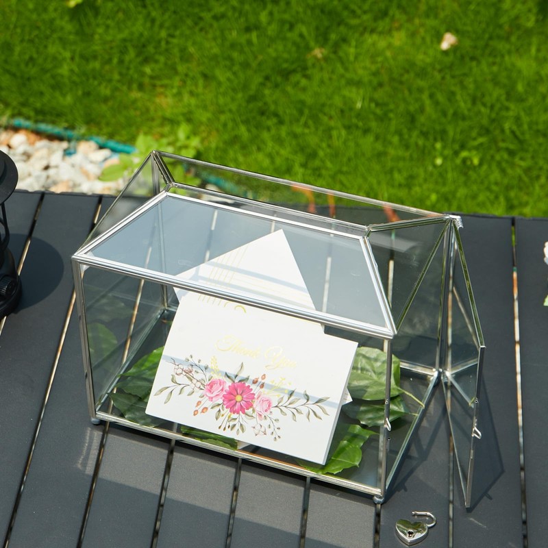 WHSLILR 12.6" Glass Card Box Wedding Card Box with Lock