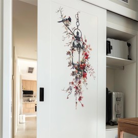 Vintage Street Lamp Red Flower Wall Stickers, sacinora Rose Peony Floral Art Wall Decals Removable Vinyl Peel and Stick for Living Room Bedroom Nursery Playroom Door Home Decorations