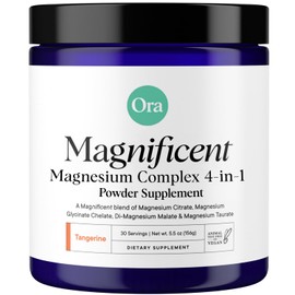 Ora Organic Suplemento de complejo de magnesio en polvo - Magnesio 4 en 1 glicinato, taurato, malato y citrato  Vegano, sin gluten  Sabor a mandarina 