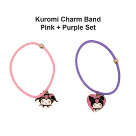 Kuromi Charm Band 2pcs - No Damage Hair Ties for Thick Hair, Women's Elastic Hair Bands, Versatile as Bracelet or Diary Holder, Purple & Pink