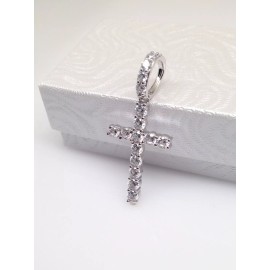 Beautifuljewelrynyc Mens 925 Sterling Silver Round Cz Tennis Cross Pendant 25mm(0.98")/37
