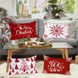 Lanpn Christmas Lumbar Throw Pillow Covers 14x20 Set of 4, Merry Christmas Winter Xmas Snowflake Decorative Holiday Cushion Pillow Cases 14 x 20 for Indoor Farmhouse Home Room Couch Decor (Red)