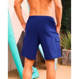 SILKWORLD - Traje de baño para hombre con forro de compresión, secado rápido, pantalones cortos de natación de 9 pulgadas con bolsillos tipo cargo, Azul, Small