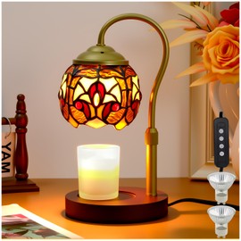 LIBOZMKO Tiffany Style Candle Warmer Lamp with Timer, Dimmable Stained Glass Candle Lamp Warmer, Birthday Gifts for Mom Women Friend Sister Baroque Wax Melt Warmer with 2 Bulbs for Home Deco