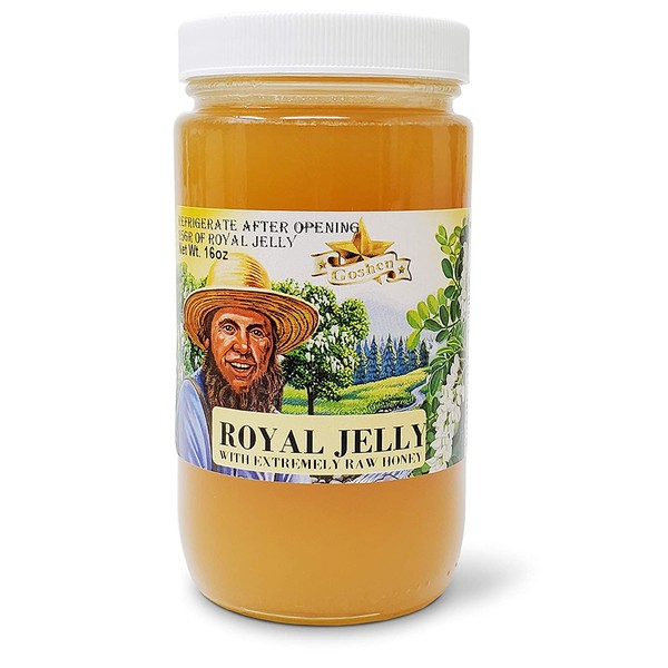 Goshen Honey Amish Extremely Raw ROYAL JELLY Honey 100% Organically Pure Fresh Natural Domestic Honey With Life Enzymes Health Benefits | Unfiltered Unprocessed Unheated | 1 Lb Jar | 16 Oz Glass Jar