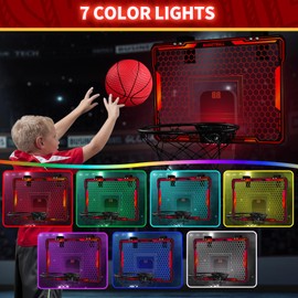 HYES Mini Basketball Hoop Indoor with 7 LED Lighting, Scoreboard, 3 Modes, Volume Adjustable, Over Door Basketball Hoop Foldable, Basketball Toys for Kids Adults Gifts (Red)