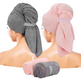 Eyeleaf Microfiber Hair Drying Towels, 100 x 60cm, 2 Pack, Pink/Grey, Quick Dry, Super Absorbent, for Long, Thick, Curly Hair