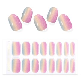 SILPECWEE Semi Cured Gel Nail Strips (Rainbow - 16PCS), Gel Nail Stickers Full Nail Wraps Need UV Light, Salon Quality & Easy To Use - with Prep Pads, Nail File, Wood Stick