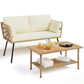 YITAHOME 2 Pieces Patio Furniture Set, All-Weather Wicker Loveseat with Thick Cushions & Rattan Table, Outdoor Conversation Set for Patio, Balcony, Backyard, Deck, Poolside