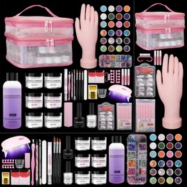 Acrylic Nail Kit for Beginners with Everything - Practice Hand for Acrylic Nails - 6PCS Nail Powder Liquid Set with UV Lamp - Professional Manicure Set in Pink Bag for Starter Home Salon (Pink-1)