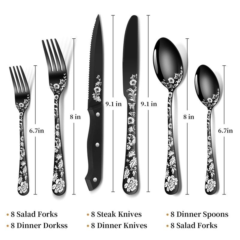48-Piece Black Silverware Set with Steak Knife, Black Flatware Sets