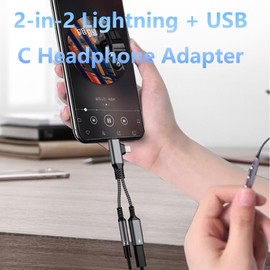2 in 2 Light-ning USB C to 3.5mm Headphone and Charger Adapter, [MFi Certified] USB C to Aux Audio Jack with PD 60W Fast Charging Dongle, Headphone Adapter for i-Phone 16/15 14/13/12 Pro Max, Galaxy