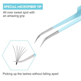Ms.Queen - Pinzas de pestañas para extensiones de pestañas, 5 unidades, profesional, aislamiento curvado de punta de fibra, 45 y 90 grados, para extensiones, color azul