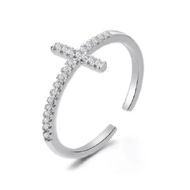 Bellitia Jewelry 925 Sterling Silver Cross Ring, Adjustable Ring, Cubic Zirconia Ring for Women, Jewellery Gift, Silver, Cubic Zirconia