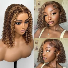 Wear to Go Wig Highlight Blonde Ombre 4/27 Women's Natural Real Hair Wig Pre Cut 4x4 Lace Wig Human Hair Deep Curly Glueless Lace Frontal Bob Wigs 16 Pure