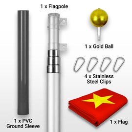 G128 Combo Pack: 16 Ft Telescoping Aluminum Flagpole (Silver) & China Chinese Flag 3x5 Ft, ToughWeave Series Embroidered 300D Polyester | Pole with Flag Included