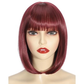Short Bob Wig with Bangs, Synthetic Straight Hair Wigs for Women, 14 Inch Cosplay Costume Bob Wig (Burgundy)
