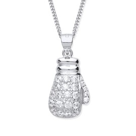 Old English Jewellers Solid Sterling Silver Simulated Diamond Boxing Glove Necklace Pendant for Men and Women. Choice of chain length - No chain, 16 inch, 18 inch, 20 inch.