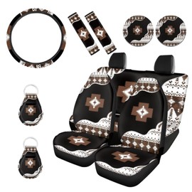 Wanyint Southwest Aztec Brown Black Car Seat Covers for Men Women Auto Interior Accessories Full Set with Steering Wheel Covers Seat Belt Pad Cover Coaster Keyring 11 PCS Auto Seat Cushion Covers Set