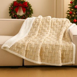 Remagr Christmas Sherpa Throw Blanket 50 x 60 Inch Beige 3D Xmas Tree Dual Sided Thick Warm Soft Plush Fluffy Blanket for Bed Sofa Couch Room Decor Thanksgiving Christmas Birthdays Gifts
