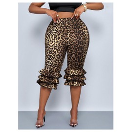 WDIRARA Women's Plus Size Leopard Print Layered Ruffle Skinny Capri Pants Stretch Elastic Waist Leggings Brown 3X-Large Plus