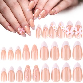 STSTR 24PCS Pink Bow Almond Press on Nails, Medium Acrylic Full Cover Stick on Nails for Women, French Nail Tips, Fake Nails with 3D Flower Bow Decor for Women Manicure, Nail Decoration