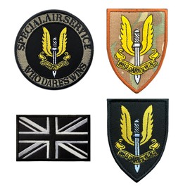 4 PCS UK Great British Union Jack SAS Special Air Service Patches Tactical Embroidered Morale Badges Hook and Loop Emblem Patches for Clothes Jeans Coat Hats Jackets Backpacks Helmets Uniforms