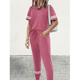 MASCOMODA Womens Two Piece Outfits 2025 Summer Short Sleeve Quarter Zip Pullover Tops Jogger Pants Tracksuit Loungewear Set(Pink,Medium)
