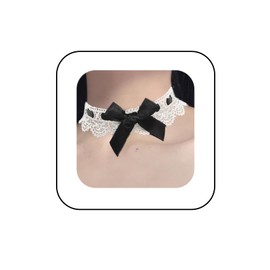 Kenjudess Vintage Bow-Knot Choker Necklace Cute White Hollow Lace Collar Necklace with Pink Bow Prom Party Ball Wedding Necklace for Women (Black-White)