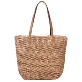 Large Straw Beach Bag for Womens, Straw Handbag Woven Tote Bag With Zipper Summer Shoulder Bag (B Style-Brown)