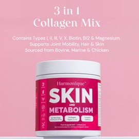 Harmonique 3-in-1 Collagen Mix with Types I, II, III, V, X, Biotin, B12 & Magnesium for Joint Mobility, Hair & Skin, 50 Servings