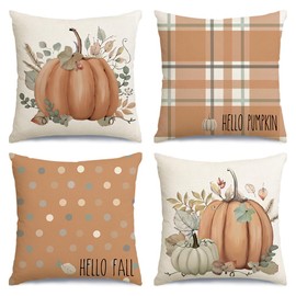 RABUSOFA Fall Decor Pillow Covers 18x18 Inch Set of 4,Hello Pumkin Decorations Throw Pillows,Thanksgiving Harvest Autumn Farmhouse Cushion Covers for Home Couch Sofa Indoor Orange(12-18)