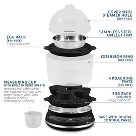 Elite Gourmet EGC314CB Digital Easy Egg Cooker Food Steamer, Poacher, Omelet, Soft, Medium, Hard-Boiled Egg with 6 Programmed Preset Functions, 2-Tiers, Measuring Cup, 14 egg capacity, Black
