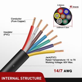 Nilight 25 Feet 7 Way Trailer Extension Cable Traditional SAE 14 Gauge 7 Conductor 100% Pure Copper Insulated Heavy Duty Wire Weatherproof for 7 Pin Blade RV Automotive