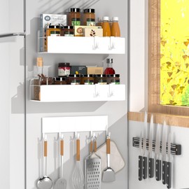 SUNHEARTH 4 Pack Magnetic Spice Rack for Refrigerator,Metal Magnetic Shelf White with Hook,Magnetic Knife Rack,4 Hooks,Space Saving for Home,Kitchen