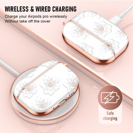 Maxjoy for Airpods Pro case Cover,Cute Electroplating with Gold Heart Pattern with Lanyard Shockproof Cover for Girls Woman Airpods Pro case-White Trumpet Flower