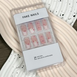 COCDLAN Press on Nails Long Pink Fake Nails Square Bling Glossy 3D Flower False Nails Stick on Nails for Women Girls Manicure Decorations 24Pcs
