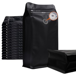 50 Pcs Upgraded Coffee Bags with Valve (Black, 16 oz/1 lb), Black High Barrier Aluminum Foil Flat Bottom Standing Coffee Bean Storage Bags, Heat Sealable Resealable Bag for Home.