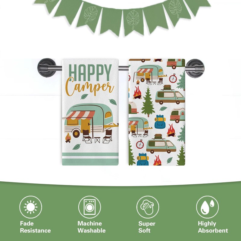 Croar Happy Camper Kitchen Dish Towels Set of 2, Camping