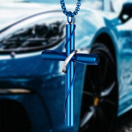 LeapoFaith Cross Pendant for Car Rear View Mirror Decor Charm Hanging Accessories Ornament Cute Christian Gift Stainless Steel Cross Men Necklace Adult Men Amulet (Blue)