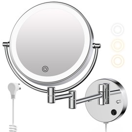 Wall Mounted Makeup Mirror with Lights, Magnifying Mirror 10X/1X Double-Sided, Plug-In Vanity Mirror with 3 Color Lights & Brightness Dimmable, 360°Swivel Extendable Mirror for Grooming & Shaving