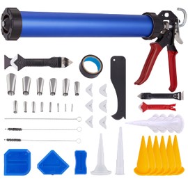 Right Hand Sausage Caulking Gun Manual 20 oz Leakproof Cylinder Dispenser for Glue Adhesive & Sealant with 10 Cone Nozzles, 32 Pc. Trowel & Scraping Tools Easy, Soft Grip Handle & Ladder Hook