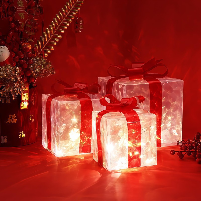 Set of 3 LED Lighted Boxes with Red Bows, Warm