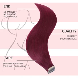 HotLulana Tape Extensions Real Hair Red (#99JA) Extensions Real Hair 20 Inches / 50 cm 25 g Invisible 100% Natural Tape-In Extensions Real Hair 10 Pieces Skin Weft Extensions Real Hair Tape