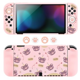 DLseego Protective Case for Switch OLED,Shockproof Soft Grip Cover Dockable Protective Shell for Switch OLED Console Accessories with 2 Joycon Cover and 4PCS Joystick Cover Caps,Pink Cute Bear