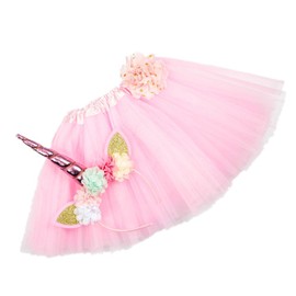 Nishine Tutu Skirt Dress + Unicorn Horn Headband Set Kids Birthday Photo Props Outfit - Pink