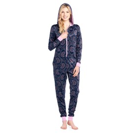 Ashford & Brooks Women's Fleece Hooded One Piece Pajama - Pink Navy Paisley - 2X-Large