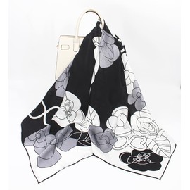 ANDANTINO 100% Pure Mulberry Silk Scarf 43" Large Square Lightweight Headscarf& Shawl–Women Hair Wraps-With Gift Packed, Black&white-flowers, Large