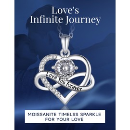 MomentWish Infinity Sign Engraved Necklace with 1 Carat Moissanite Heart Shape Chain, 925 Sterling Silver Chain, Gift for Valentine's Day and Birthday, Sterling Silver, Moissanite